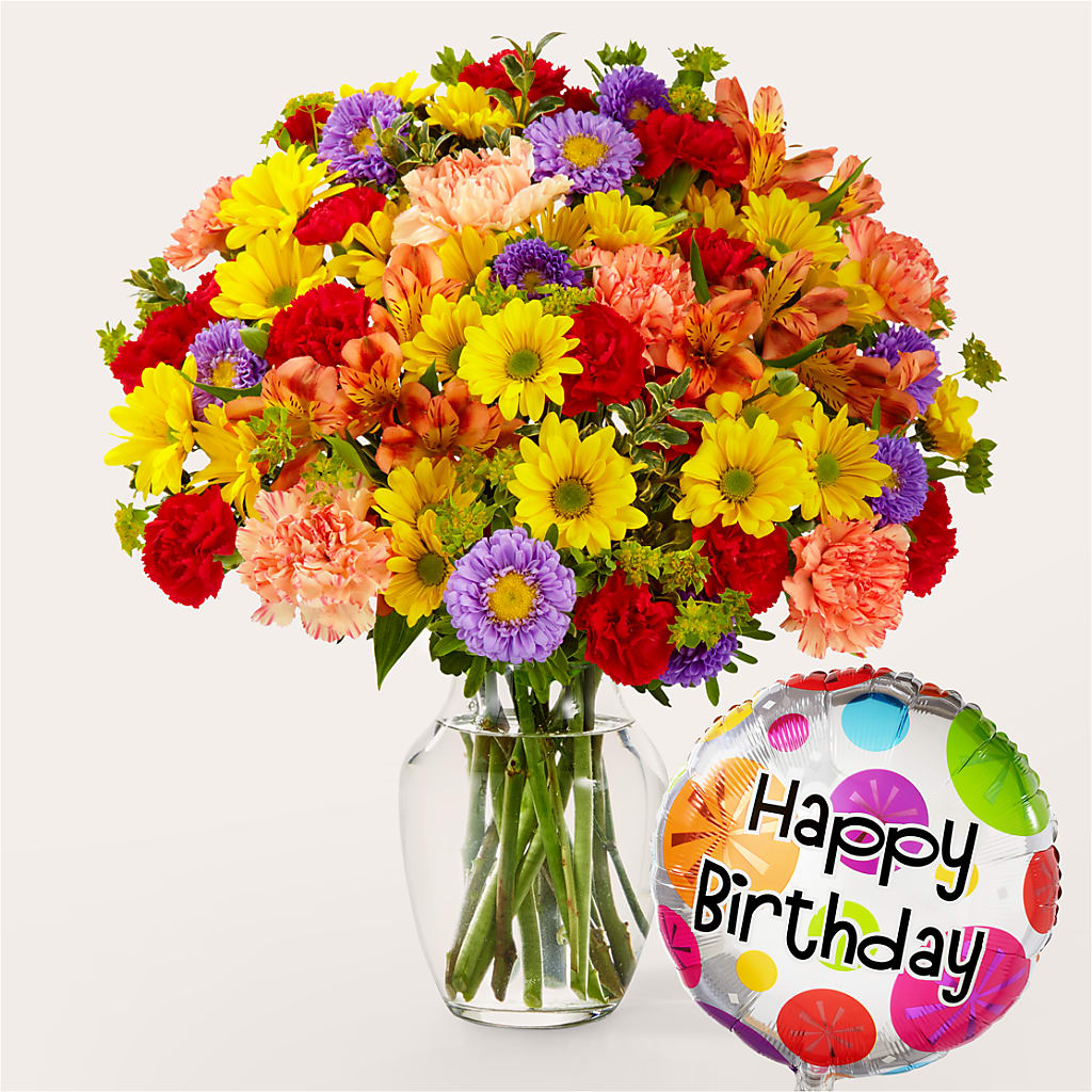 Kaleidoscope Bouquet with Birthday Balloon – Genoveva Rodriguez Flower Shop, San Benito TX