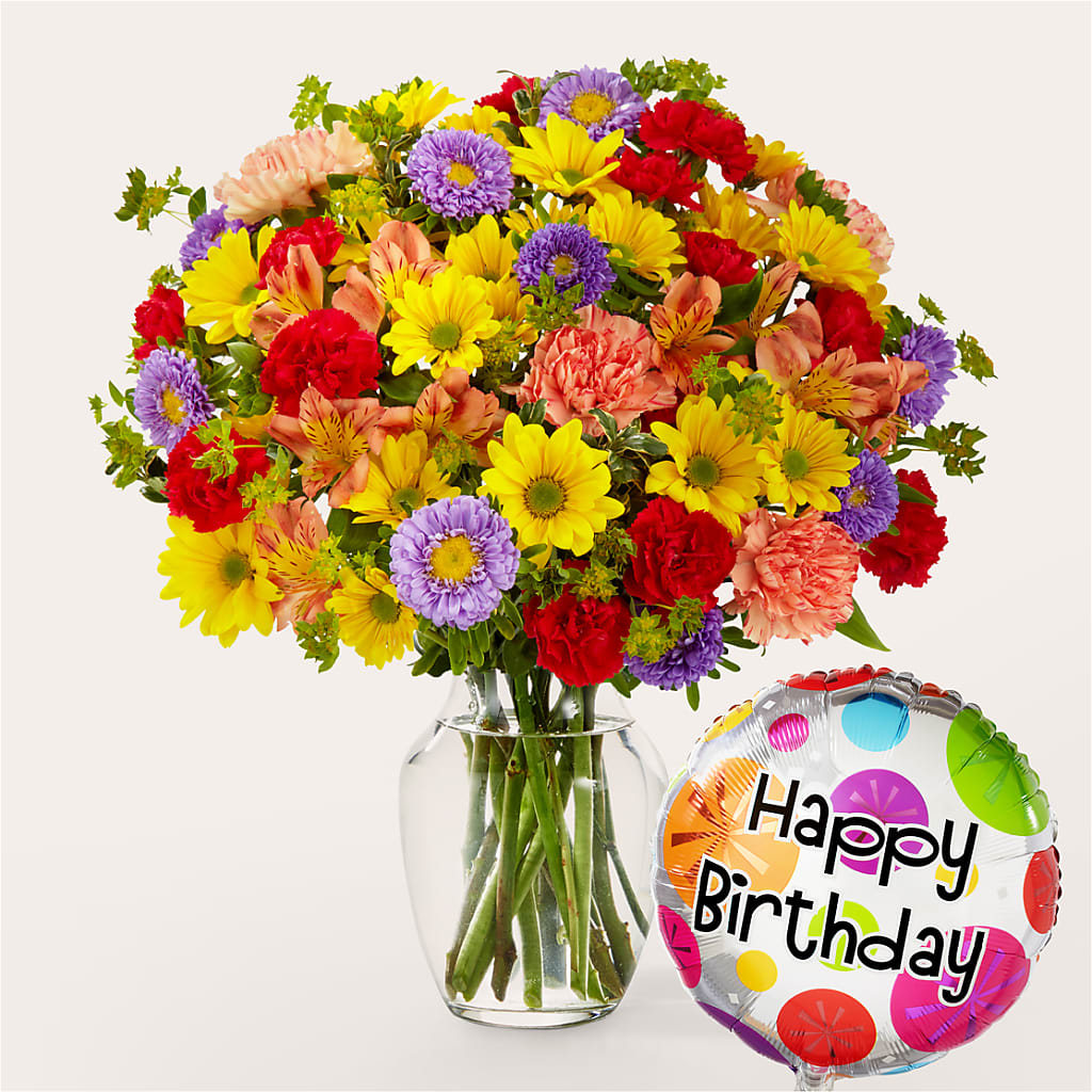 Kaleidoscope Bouquet with Birthday Balloon – Genoveva Rodriguez Flower Shop, San Benito TX