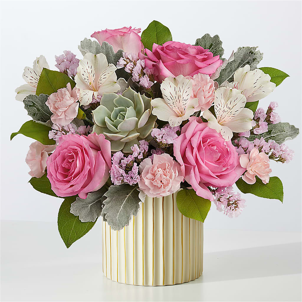 Dusty Rose Bouquet with Ivory Vase – Genoveva Rodriguez Flower Shop, San Benito TX