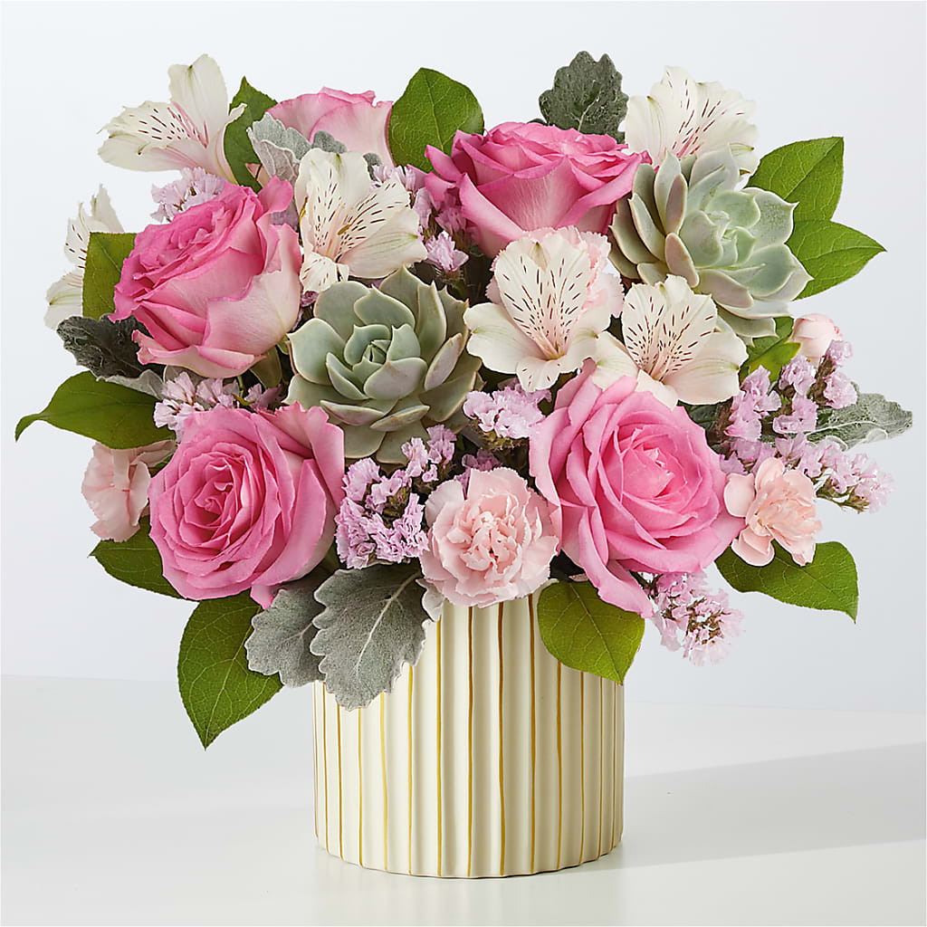 Dusty Rose Bouquet with Ivory Vase – Genoveva Rodriguez Flower Shop, San Benito TX