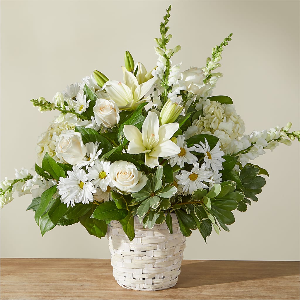 Ivory Elegance Floral Basket – Genoveva Rodriguez Flower Shop, San Benito TX
