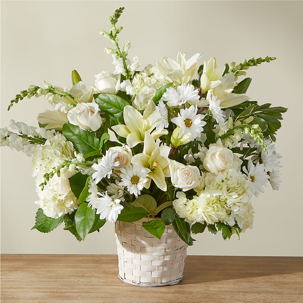 Ivory Elegance Floral Basket – Genoveva Rodriguez Flower Shop, San Benito TX