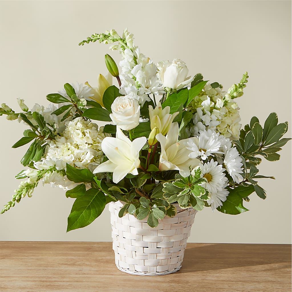 Ivory Elegance Floral Basket – Genoveva Rodriguez Flower Shop, San Benito TX