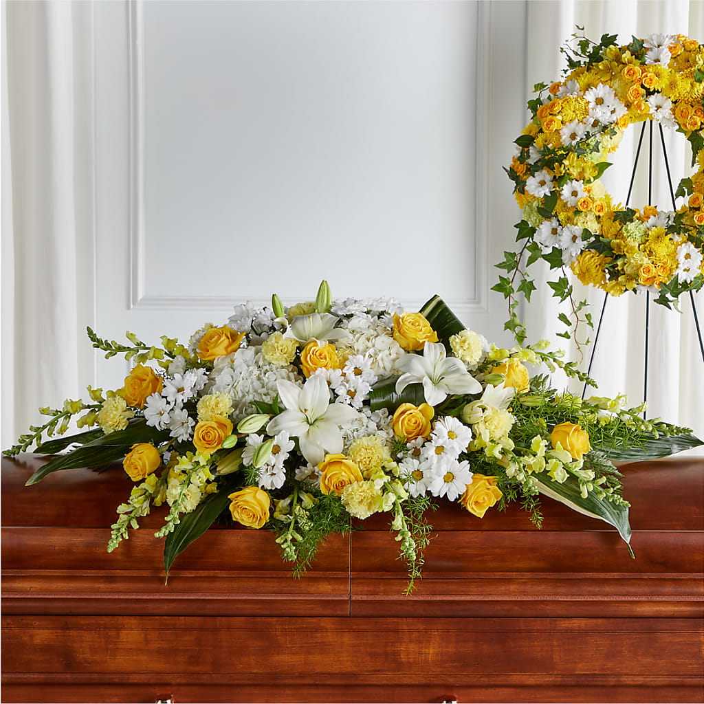 Golden Harmony Casket Spray – Genoveva Rodriguez Flower Shop, San Benito TX