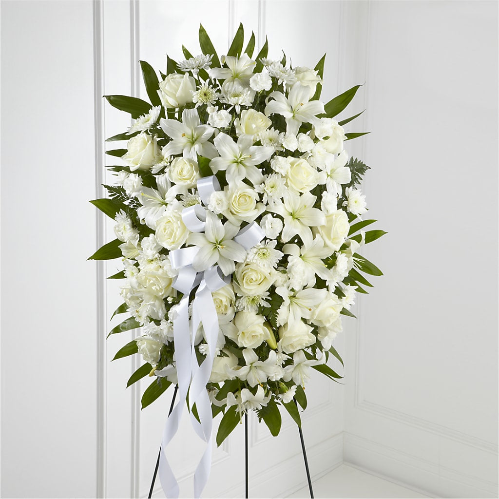 Exquisite Tribute Standing Spray-White Ribbon – Genoveva Rodriguez Flower Shop, San Benito TX