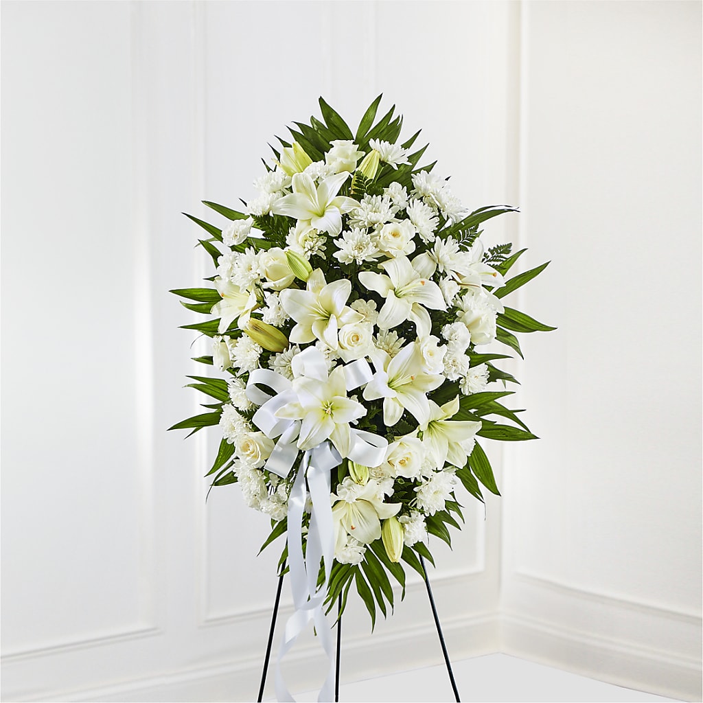 Exquisite Tribute Standing Spray-White Ribbon – Genoveva Rodriguez Flower Shop, San Benito TX